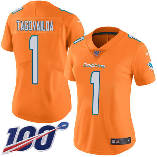 Nike Miami Dolphins 1 Tua Tagovailoa Orangen Women Stitched NFL Limited Rush 100th Season Jersey